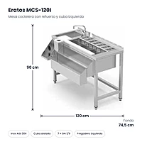 Mesa coctelera con refuerzo y cuba izquierda 120x74,5 cm Eratos MCS-120I – medidas