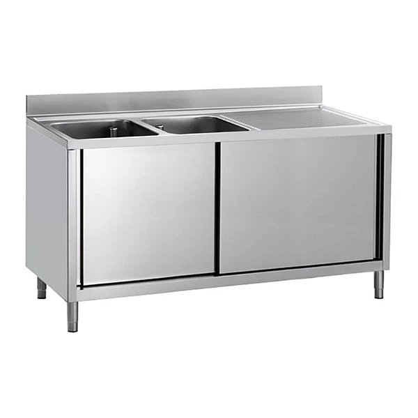 Mesa de lavado con 2 senos, escurridor izquierda y puertas 160x60 Savemah MLAVPI-600x1600