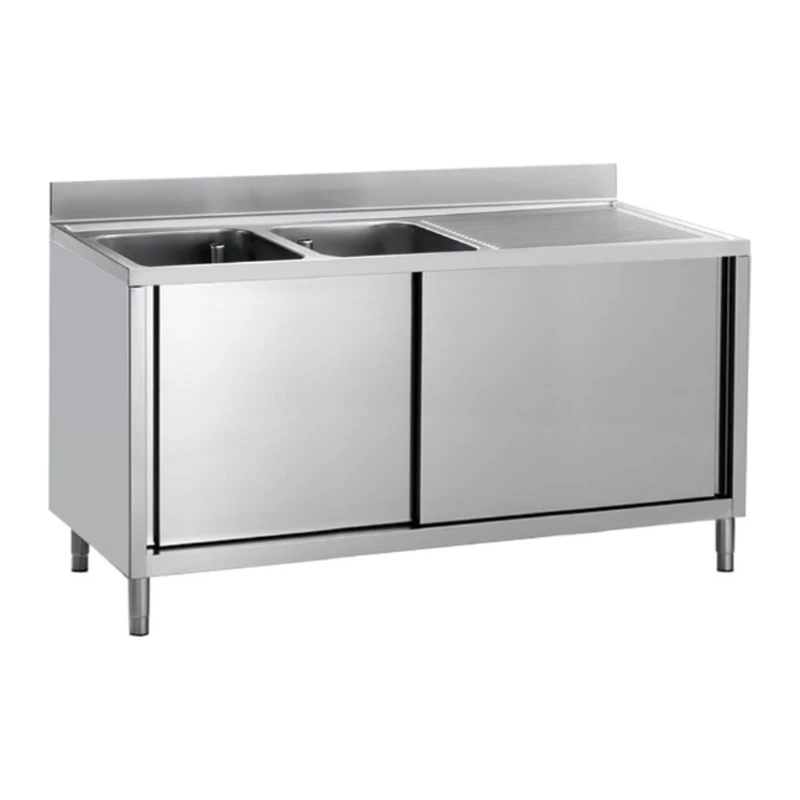 Mesa de lavado con 2 senos, escurridor izquierda y puertas 160x60 Savemah MLAVPI-600x1600