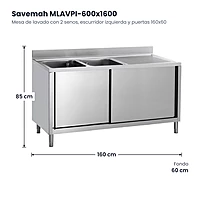 Mesa de lavado con 2 senos, escurridor izquierda y puertas 160x60 Savemah MLAVPI-600x1600 – medidas