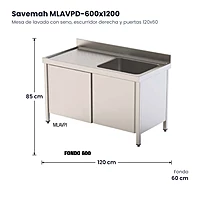 Mesa de lavado con seno, escurridor derecha y puertas 120x60 Savemah MLAVPD-600x1200 – medidas