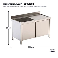 Mesa de lavado con seno, escurridor izquierda y puertas 100x60 Savemah MLAVPI-600x1000 – medidas