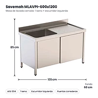 Mesa lavado con fregadero y puertas 600x1200 Escurridor izquierda