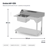 Mesa de prelavado mural con cubeta y estante 120x75 cm izquierda Eratos MP-120I – medidas