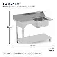 Mesa de prelavado mural con cubeta y estante 80x75 cm derecha Eratos MP-80D – medidas