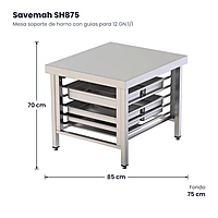 Mesa soporte de horno con guías para 12 GN 1/1 Savemah SH875 – medidas