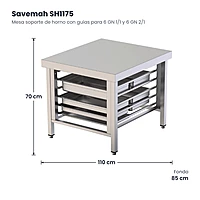 Mesa soporte de horno con guías para 6 GN 1/1 y 6 GN 2/1 Savemah SH1175 – medidas