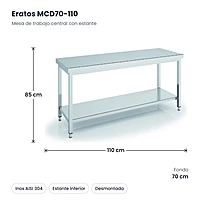 Mesa de trabajo central inox con estante 110x70 Eratos MCD70-110 – medidas