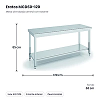 Mesa de trabajo central inox con estante 120x60 Eratos MCD60-120 – medidas