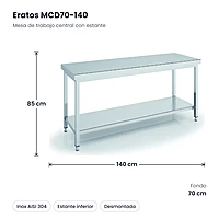 Mesa de trabajo central inox con estante 140x70 Eratos MCD70-140 – medidas