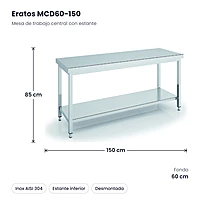 Mesa de trabajo central inox con estante 150x60 Eratos MCD60-150 – medidas