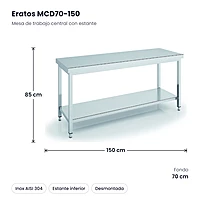 Mesa de trabajo central inox con estante 150x70 Eratos MCD70-150 – medidas