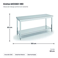 Mesa de trabajo central inox con estante 180x60 Eratos MCD60-180 – medidas