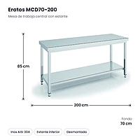 Mesa de trabajo central inox con estante 200x70 Eratos MCD70-200 – medidas