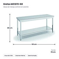 Mesa de trabajo central inox con estante 60x70 Eratos MCD70-60 – medidas