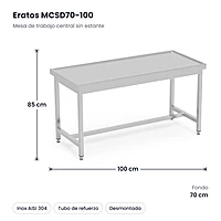 Mesa de trabajo central inox sin estante 100x70 Eratos MCSD70-100 – medidas