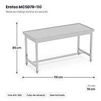 Mesa de trabajo central inox sin estante 110x70 Eratos MCSD70-110 – medidas