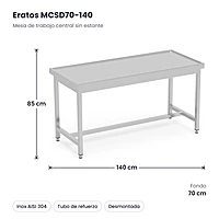 Mesa de trabajo central inox sin estante 140x70 Eratos MCSD70-140 – medidas