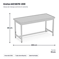 Mesa de trabajo central inox sin estante 200x70 Eratos MCSD70-200 – medidas
