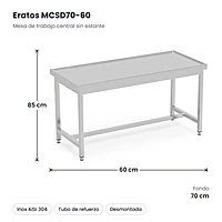 Mesa de trabajo central inox sin estante 60x70 Eratos MCSD70-60 – medidas