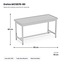 Mesa de trabajo central inox sin estante 80x70 Eratos MCSD70-80 – medidas
