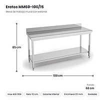 Mesa de trabajo mural inox con estante 100x60 soldada encimera 1,5 mm Eratos MM60-100/15 – medidas