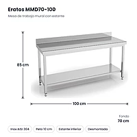 Mesa de trabajo mural inox con estante 100x70 Eratos MMD70-100 – medidas