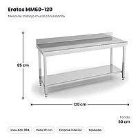 Mesa de trabajo mural inox con estante 120x60 soldada Eratos MM60-120 – medidas