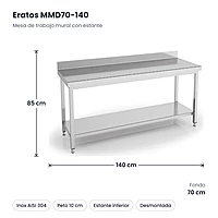 Mesa de trabajo mural inox con estante 140x70 Eratos MMD70-140 – medidas