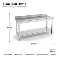 Mesa de trabajo mural inox con estante 240x60 soldada encimera 1,5 mm Eratos MM60-240/15 – medidas