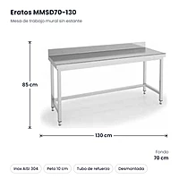 Mesa de trabajo mural inox sin estante 130x70 Eratos MMSD70-130 – medidas
