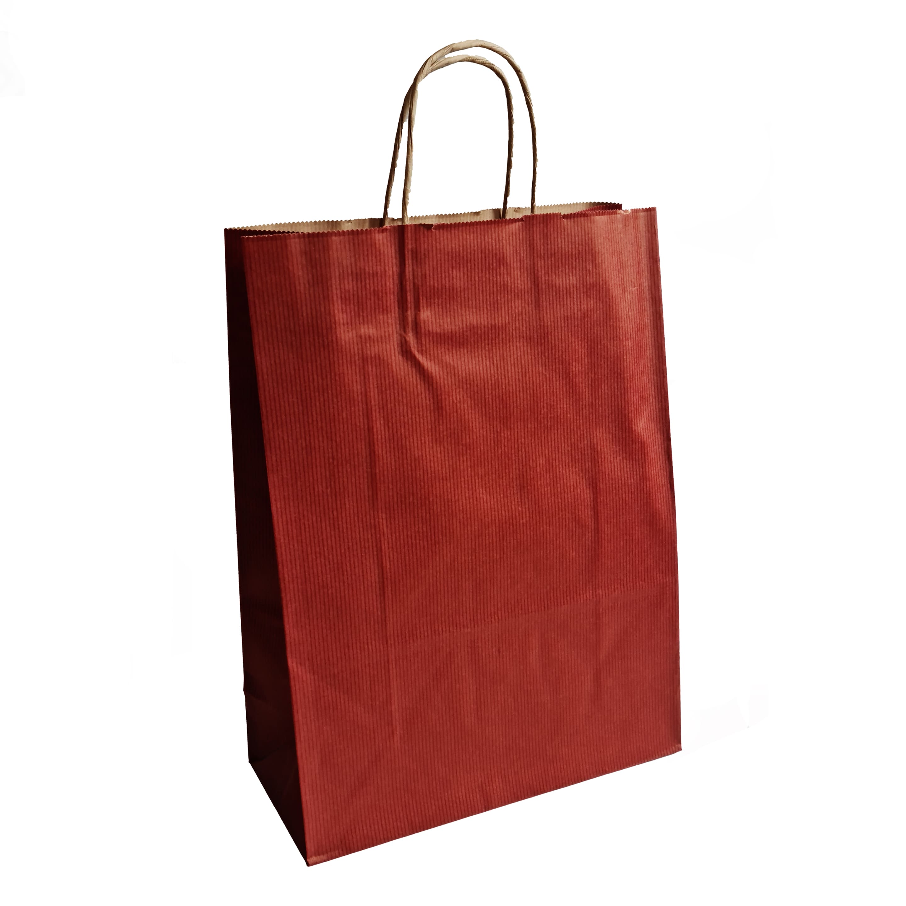 papieren tassen, gedraaid handvat, 26x12x35 cm, smal gestreept bruin kraft, 100 grs, rood