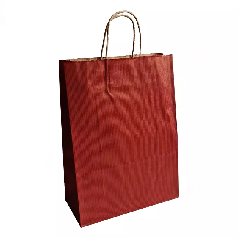 papieren tassen, gedraaid handvat, 26x12x35 cm, smal gestreept bruin kraft, 100 grs, rood