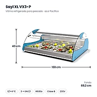Vitrina refrigerada para pescado Sayl XL VX3-P 3 GN 1/1 azul Pacífico en acero AISI 316 – medidas