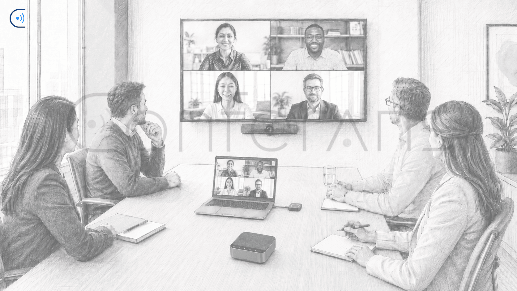 Business team using BYOM in a meeting room, with a laptop running the video call through the room display, professional camera and table microphones.