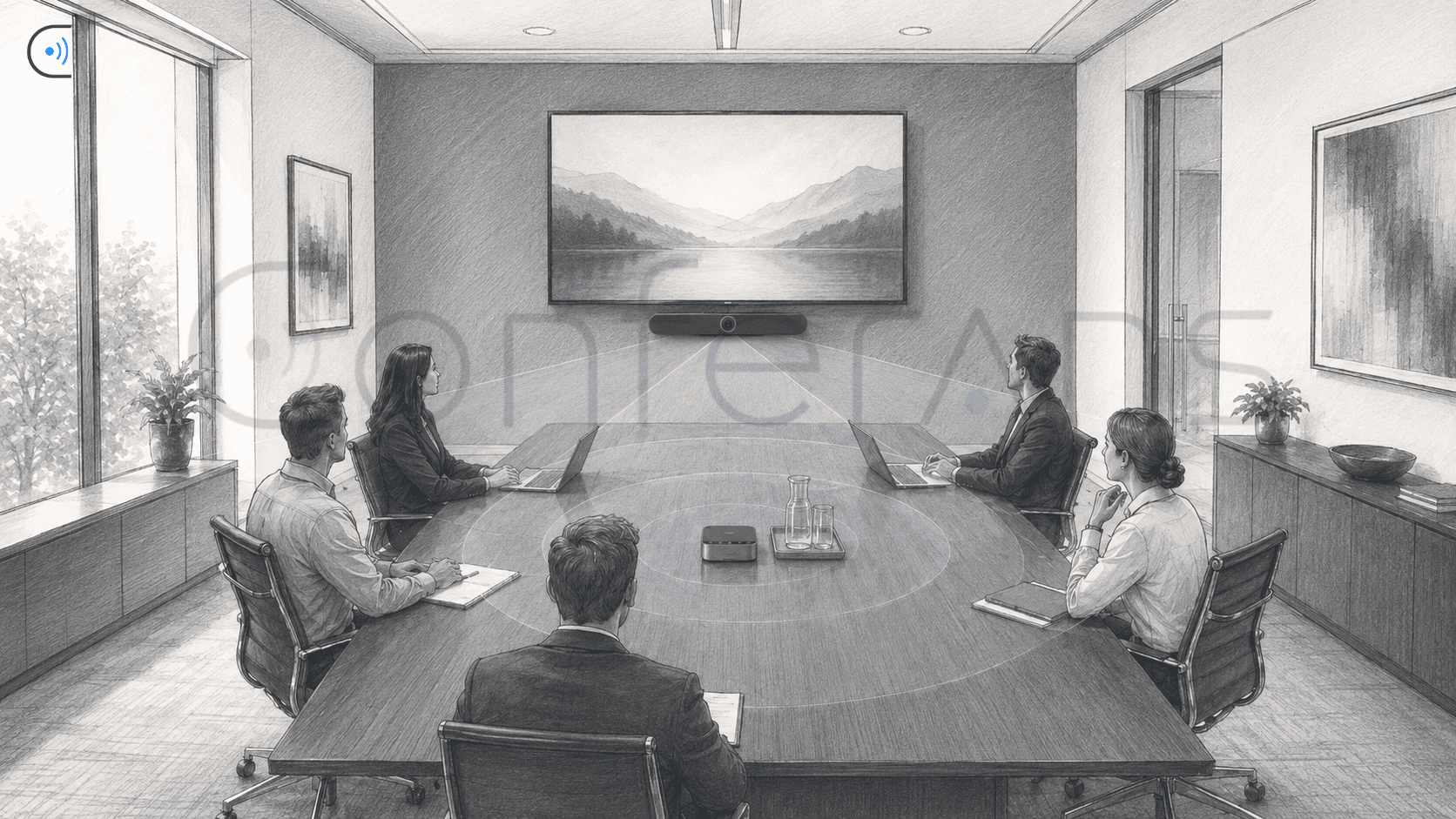 Same professional meeting room comparing an all-in-one video bar with a modular setup using a separate camera, microphones and speakers. Same professional meeting room comparing an all-in-one video bar with a modular setup using a separate camera, microphones and speakers.