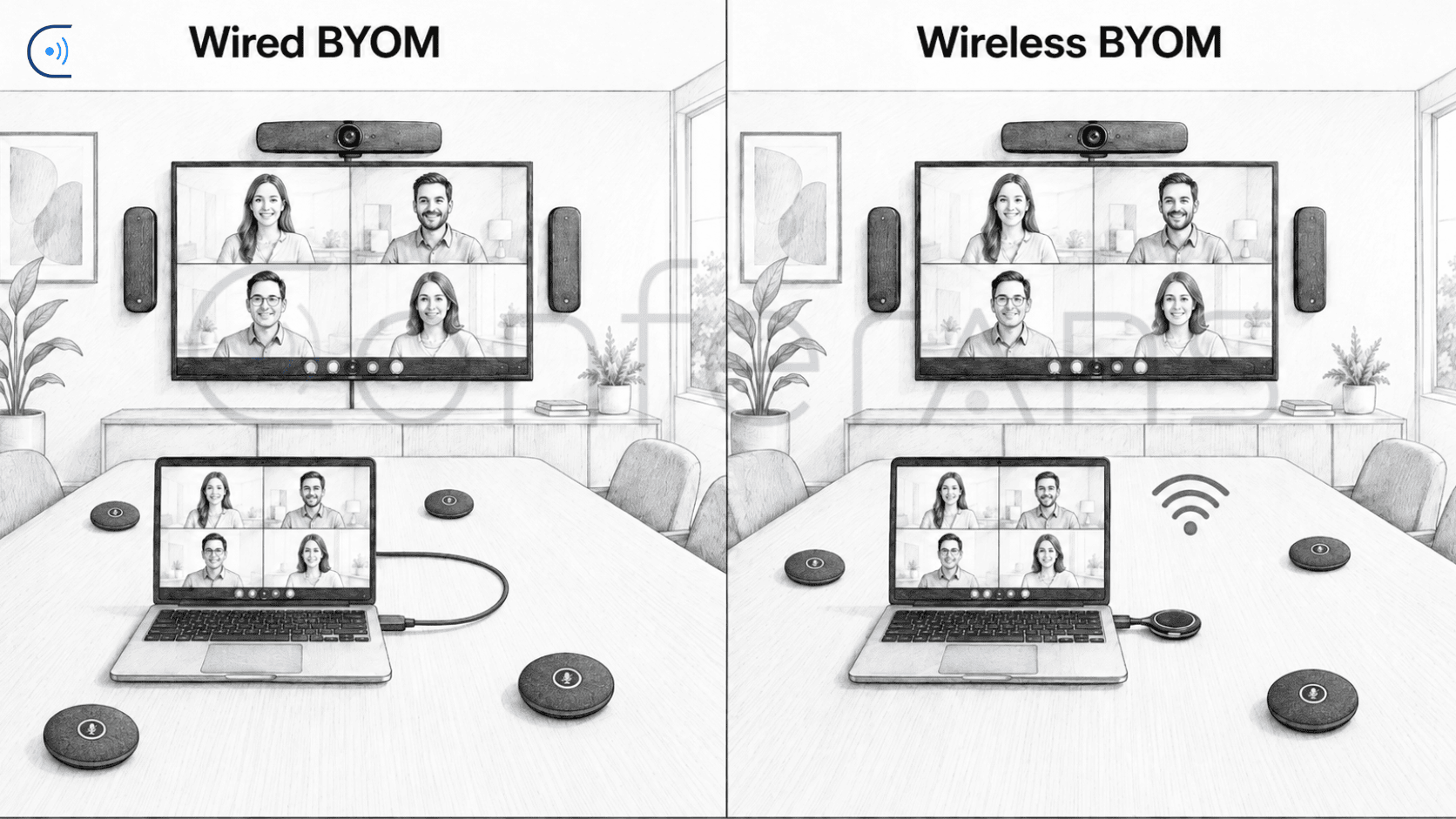 Wired BYOM and wireless BYOM compared side by side in a meeting room, showing a laptop using the room display, camera and microphones through a cable on one side and wirelessly on the other.