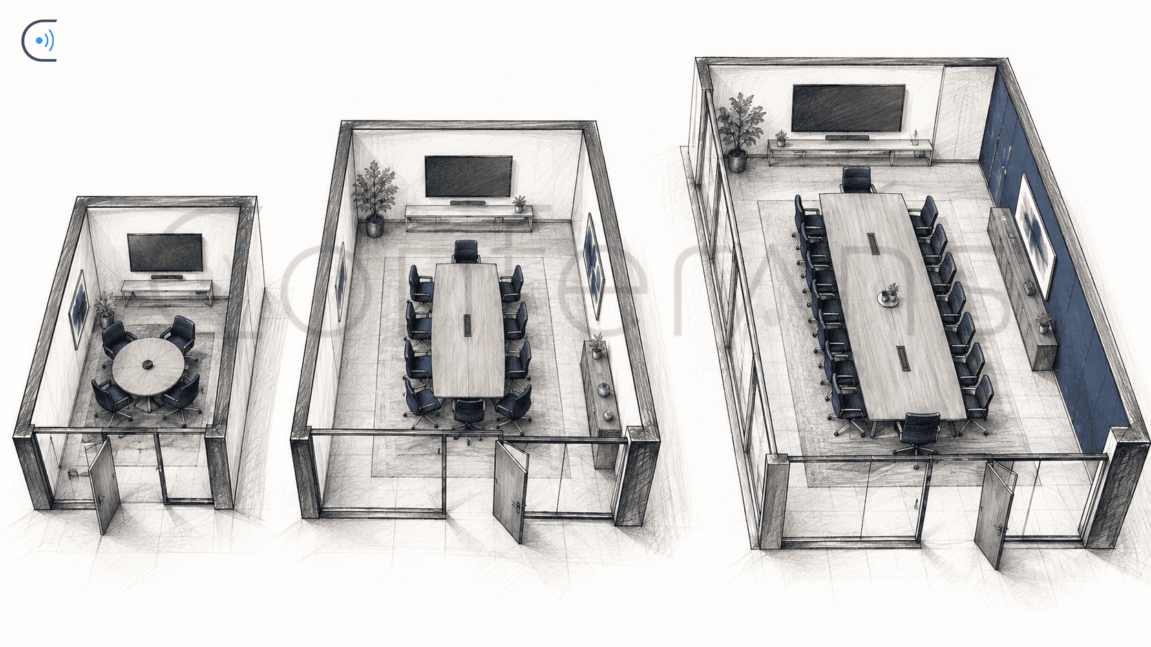 Illustrated comparison of small, medium and large meeting-room layouts with video conferencing displays and professional meeting equipment.
