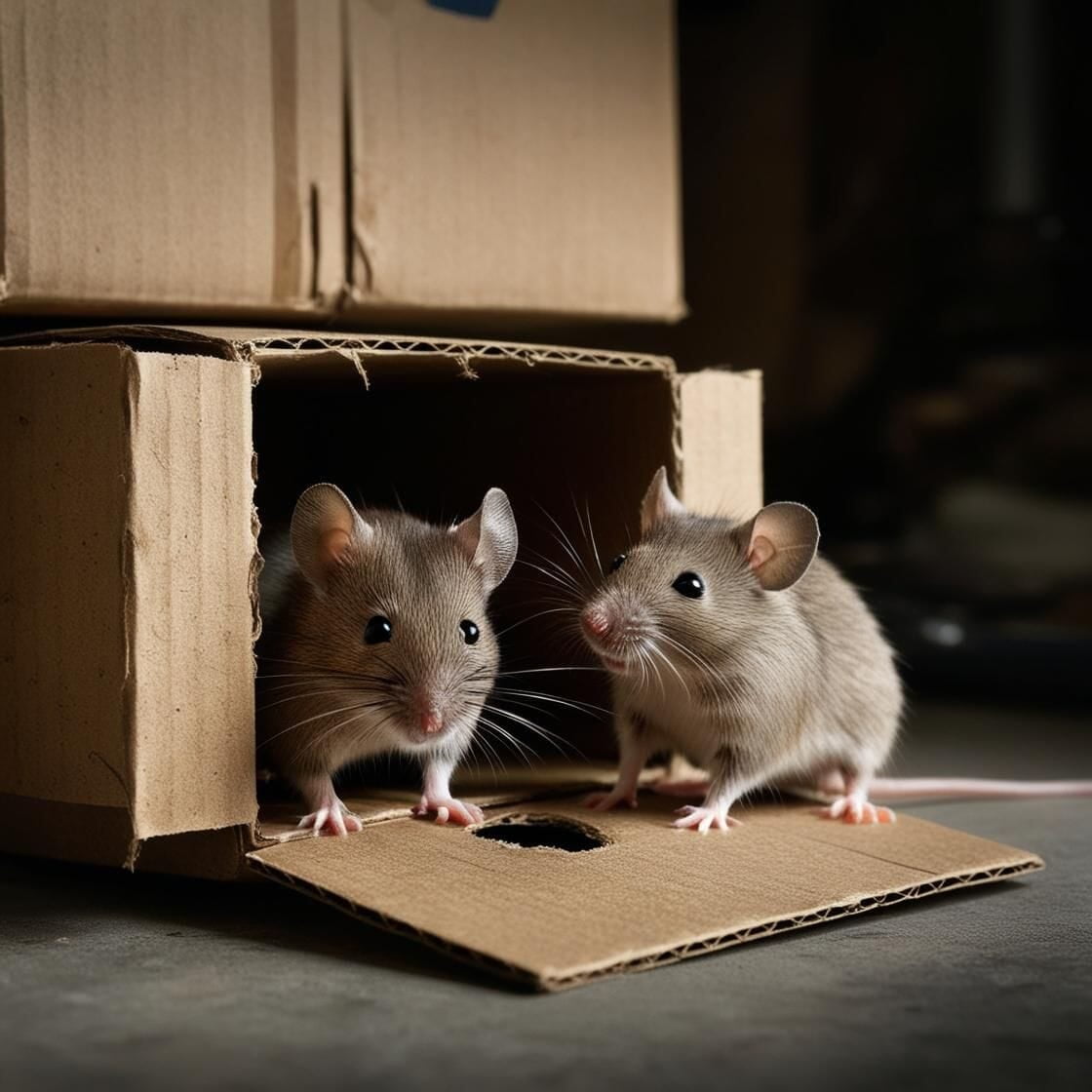 Deux mulots devant un carton dans un garage