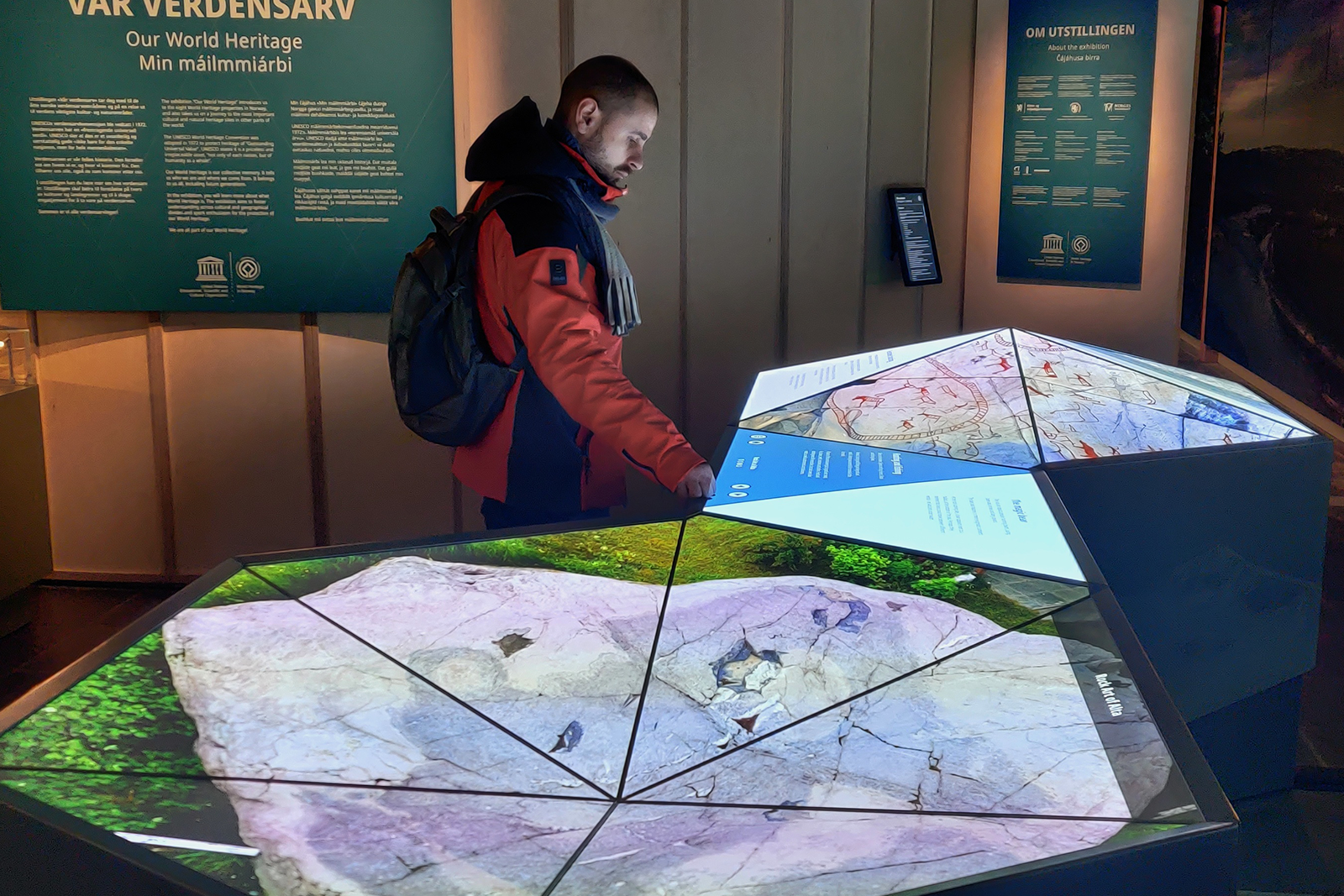 Visitor exploring the Rock Art of Alta on a DISPLAX multi-touch table at
the UNESCO "Our World Heritage" exhibition in Norway. Visitor exploring the Rock Art of Alta on a DISPLAX multi-touch table at
the UNESCO "Our World Heritage" exhibition in Norway.
